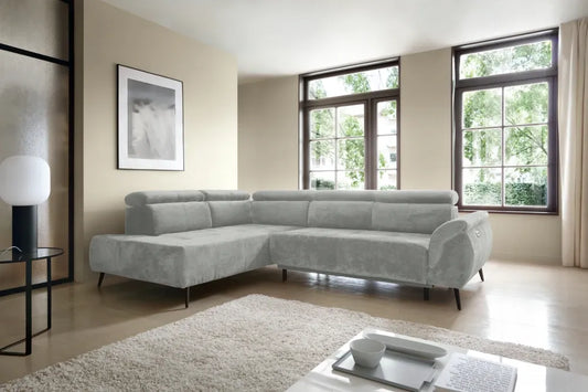 Coltar extensibil electric tapitat cu Chenille Gri deschis cu lada depozitare Genova II