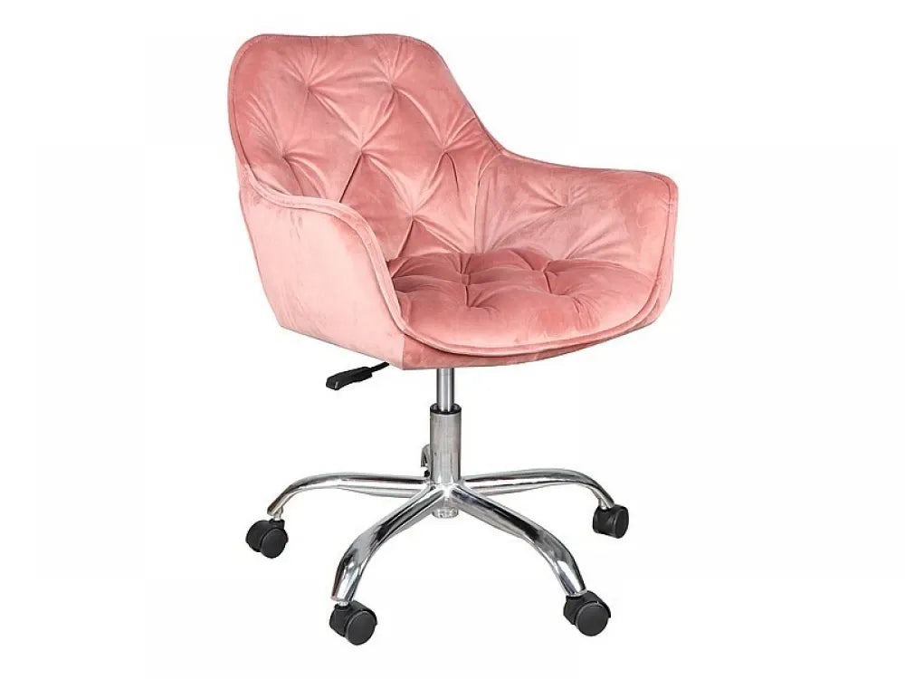 Scaun de birou cu inaltime reglabila tapitat cu Catifea Roz cu picioare din Metal Argintiu H80-91xL60cm Q-190