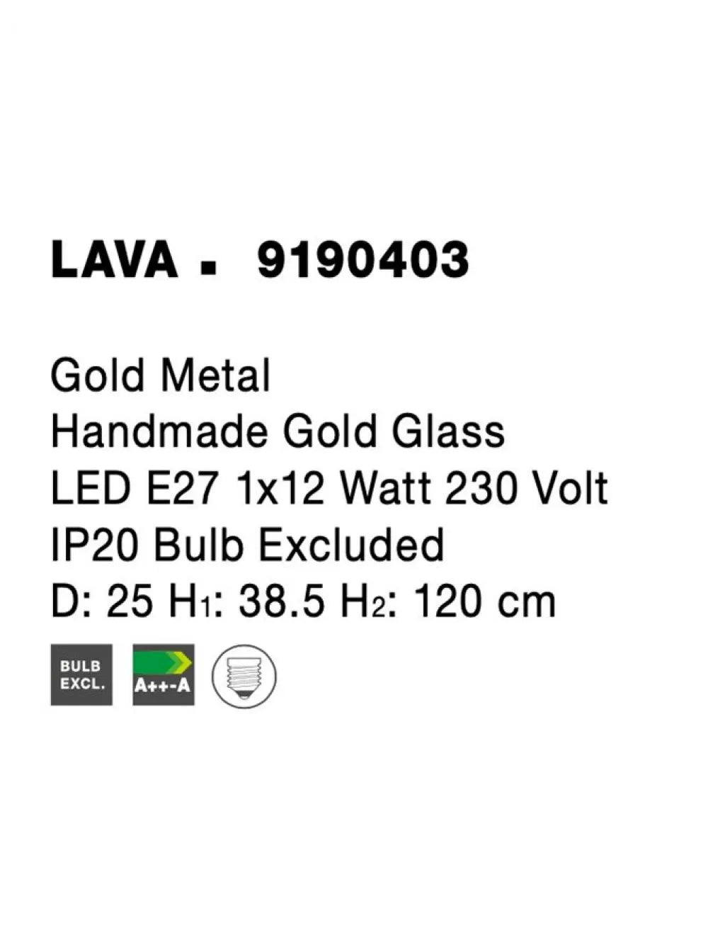 Pendul structura din Metal Auriu si abajur din Sticla Auriu H120xL25cm IP20 LAVA