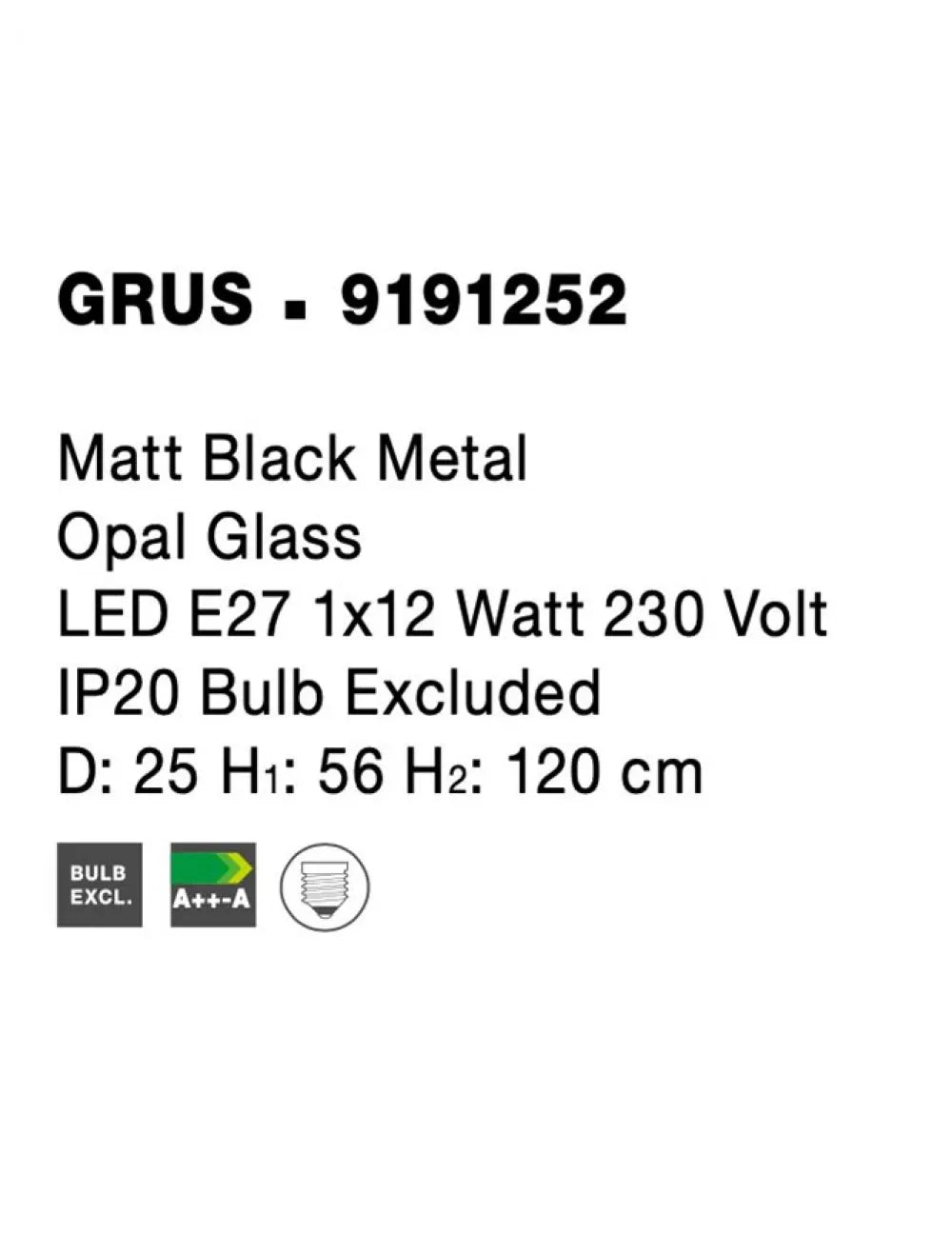 Pendul structura din Metal Negru si abajur din Sticla Alb H120xL25cm IP20 GRUS