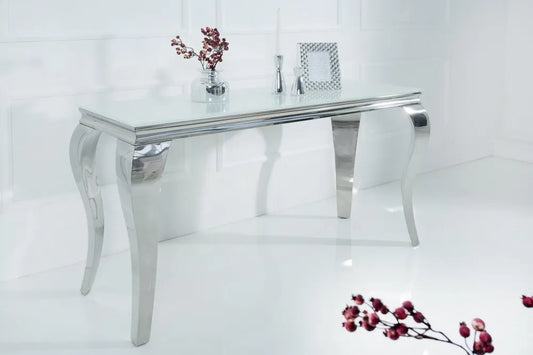 Consola din Sticla securizata Alb si Metal Argintiu L140xH75cm MODERN BAROCK