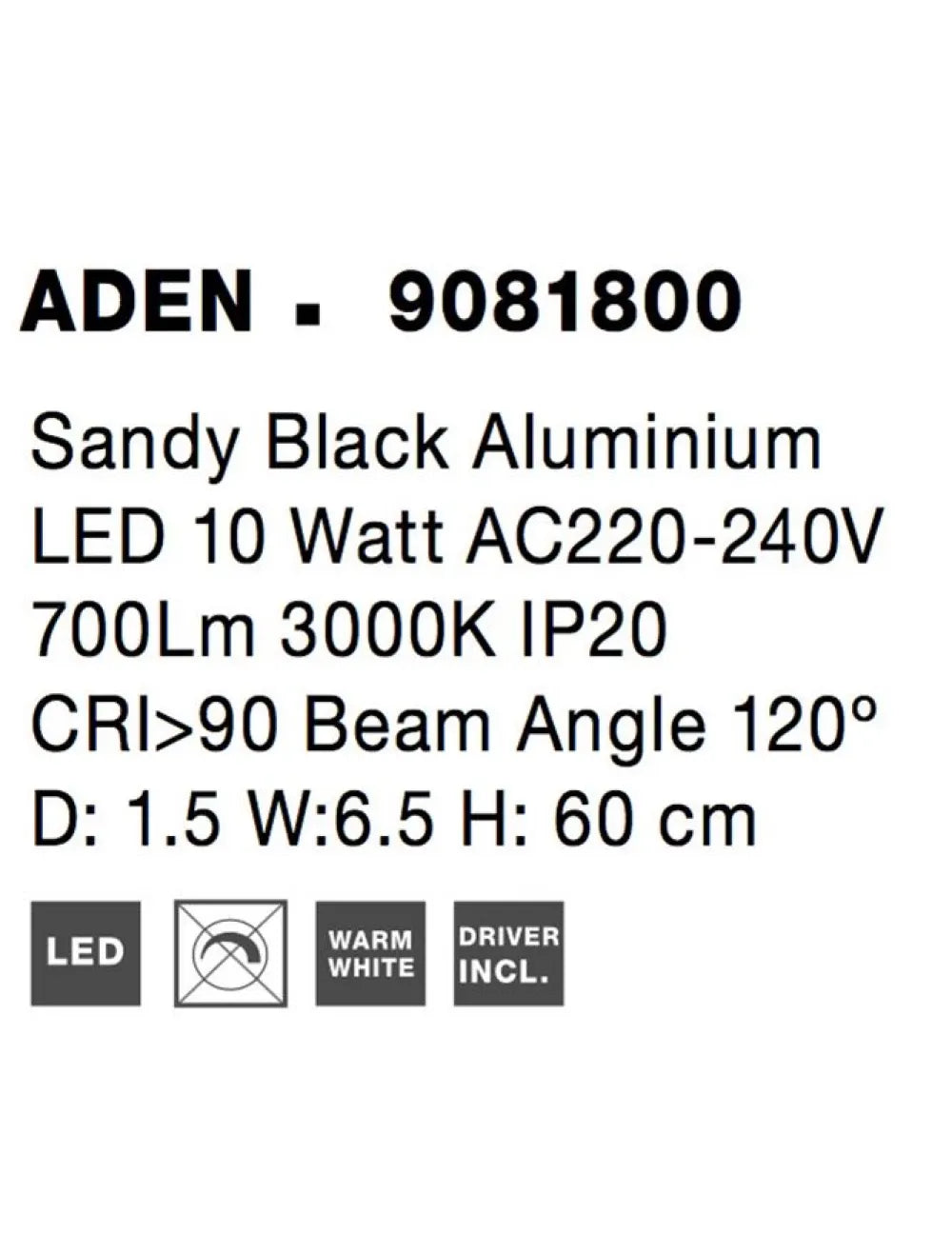 Aplica de perete din Aluminiu Negru H60xL1.5cm IP20 10W 700lm 3000k ADEN