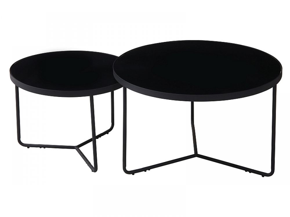 Set 2 masute de cafea Rotunde din Sticla securizata si Metal Negru D60/80xH45/50cm Italia