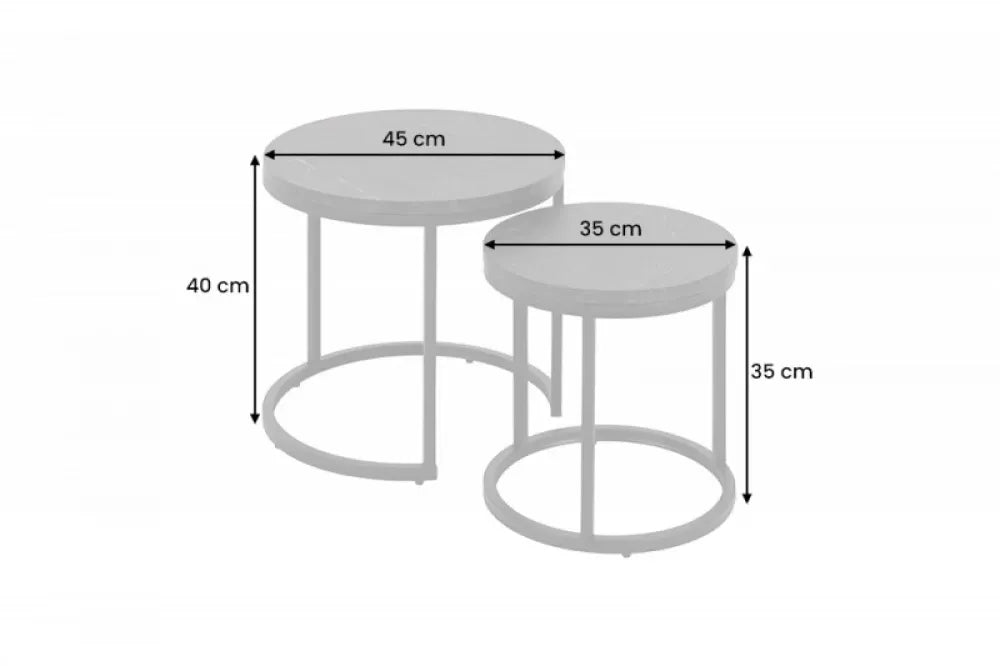 Set 2 masute laterale Rotunde din Lemn stratificat Negru cu efect de marmura si Metal Negru D35/45xH35/40cm Elegance