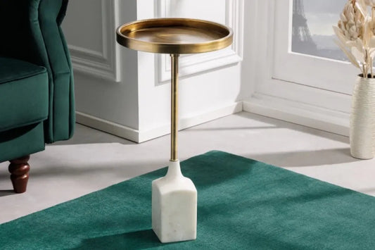 Masuta laterala Rotunda din Metal Auriu si Marmura Alb D30xH54cm Trayful