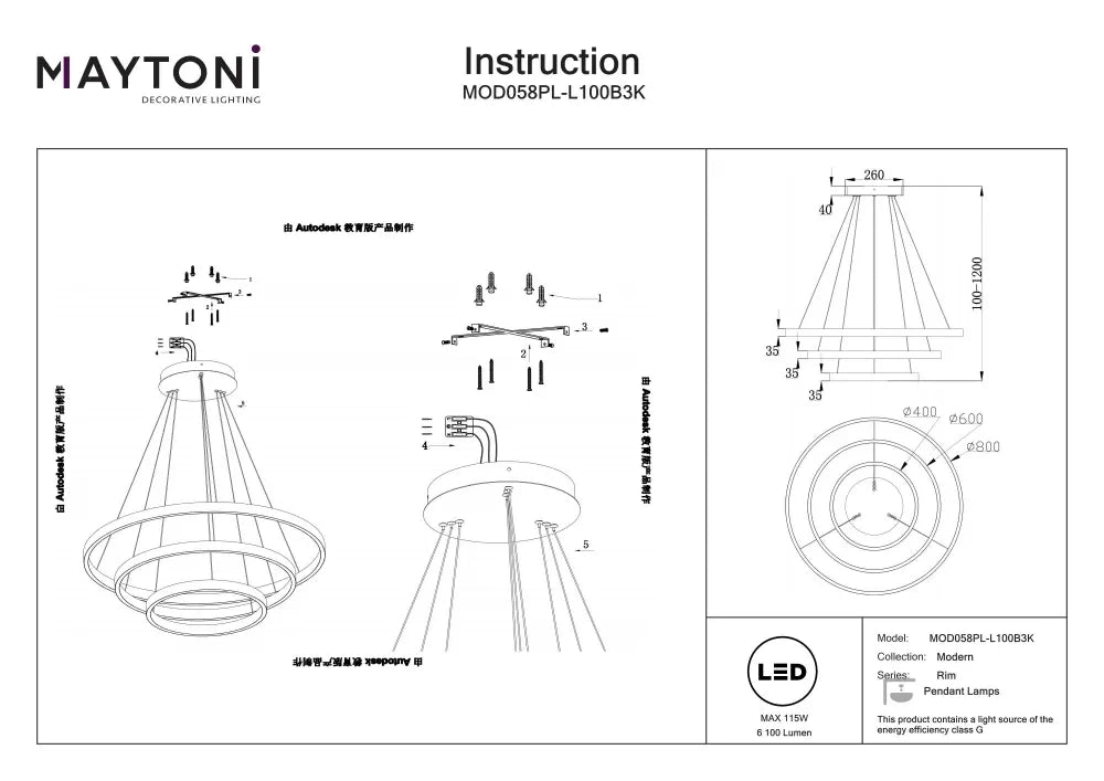 Lustra Rotunda din Aluminiu Negru 115W 6100lm 3000k D80xH120cm Rim