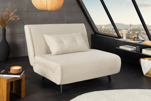 Fotoliu cu functie de dormit tapitat cu Raiat Bej si picioare din Lemn de pin Negru H82xL100xA91cm SMART MULTIFUNCTION