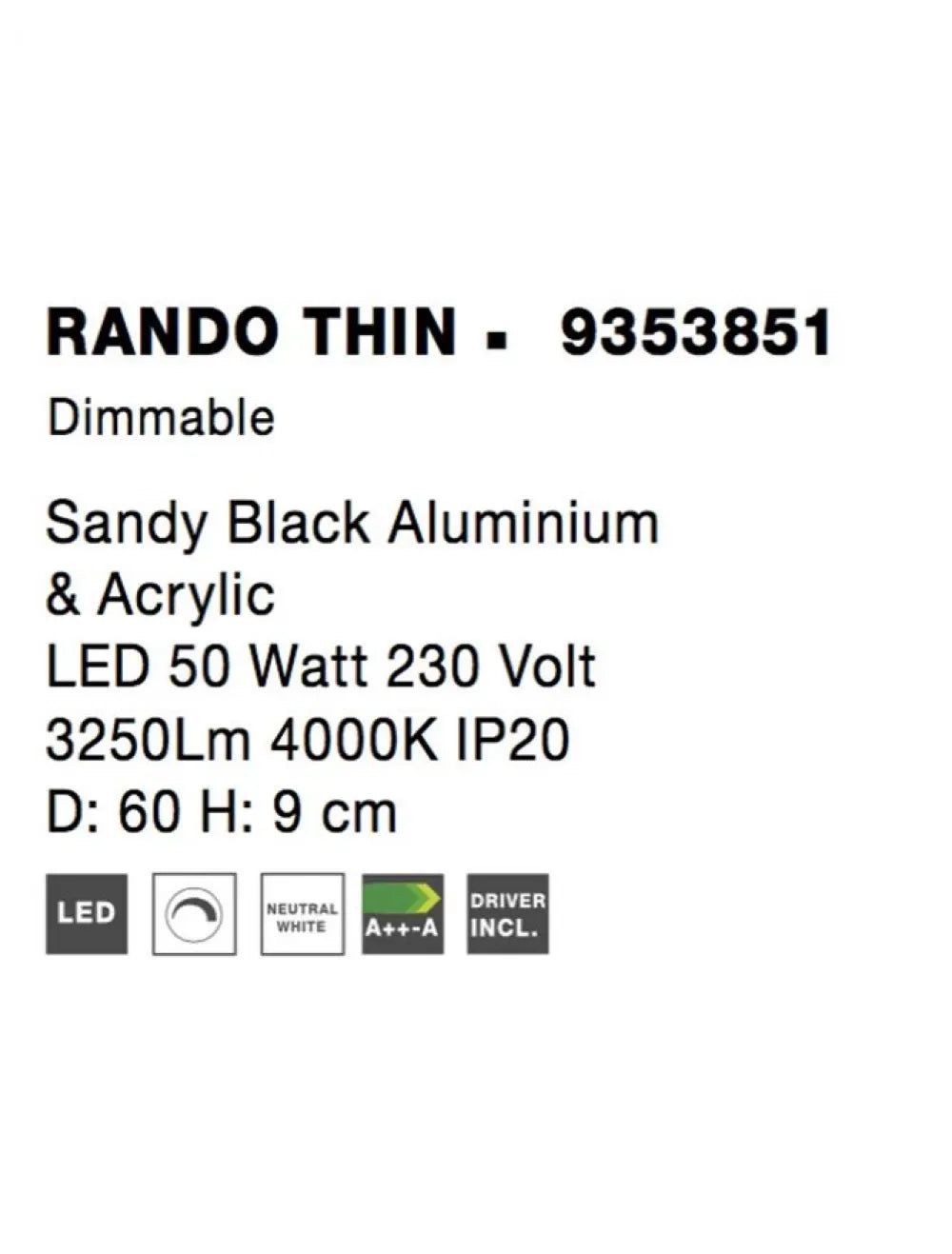Plafoniera din Aluminiu Negru H9xL60cm IP20 50W 2864lm 4000k RANDO THIN