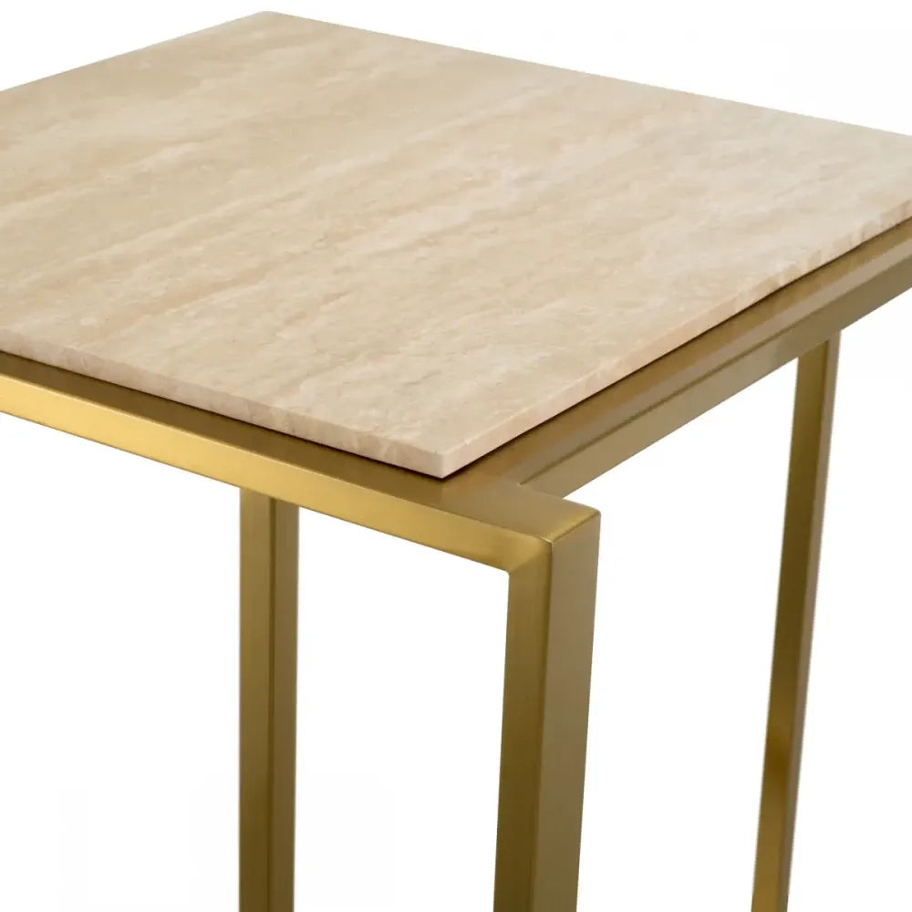 Masuta laterala Patrata din Otel inoxidabil Alama si Travertin Bej L45xl45cm Cocktail Eichholtz