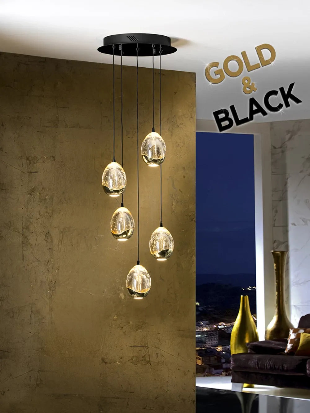 Candelabru 5 becuri din Metal Negru si Sticla Auriu H150xD30cm Rocio