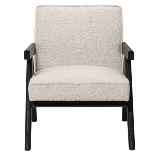 Fotoliu tapitat cu Boucle Crem cu baza din Lemn masiv de stejar Negru H68xL59xA82cm Greta