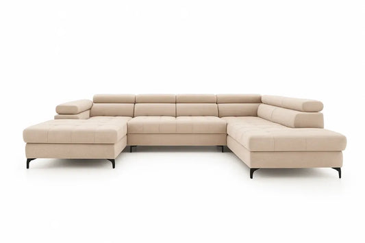 Coltar extensibil in forma de U si spatiu depozitare din catifea bej Ferruce III L344 x 202cm
