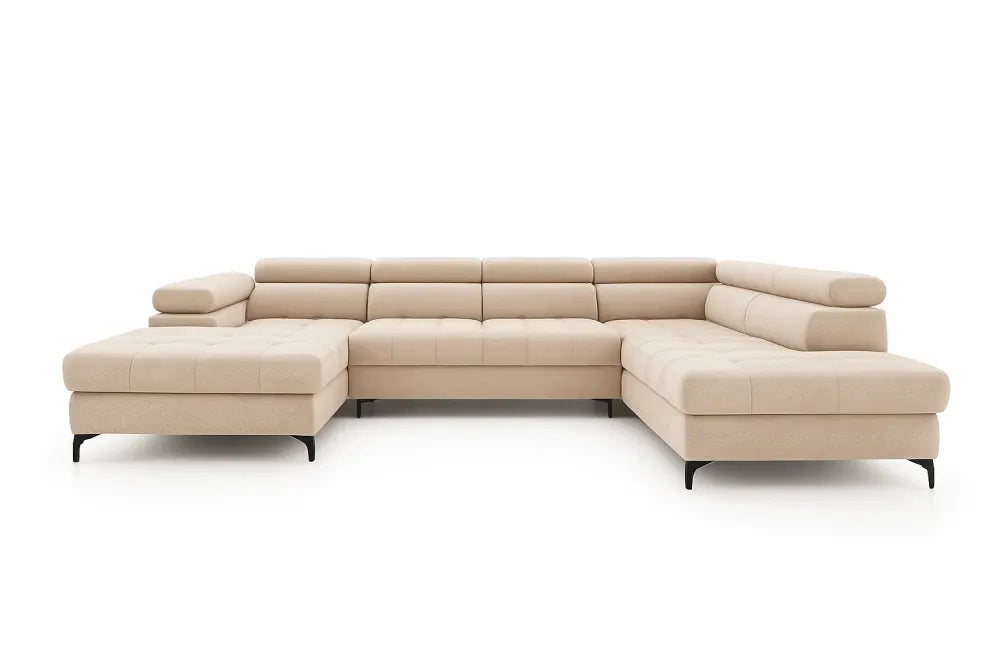 Coltar extensibil in forma de U si spatiu depozitare din catifea bej Ferruce III L344 x 202cm