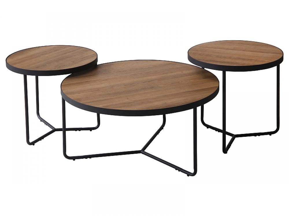 Set 3 masute de cafea Rotunde din MDF si Metal Maro/Negru D80xH50cm Demeter II
