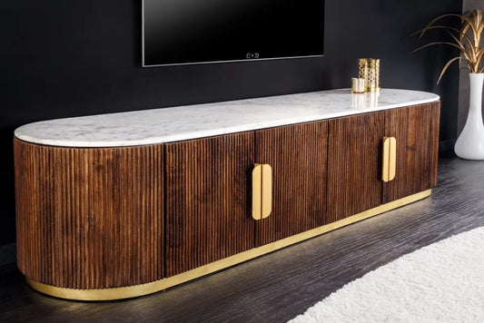 Comoda TV din Marmura Alb si Lemn de mango/Metal Maro/Auriu L170xH45cm GATSBY