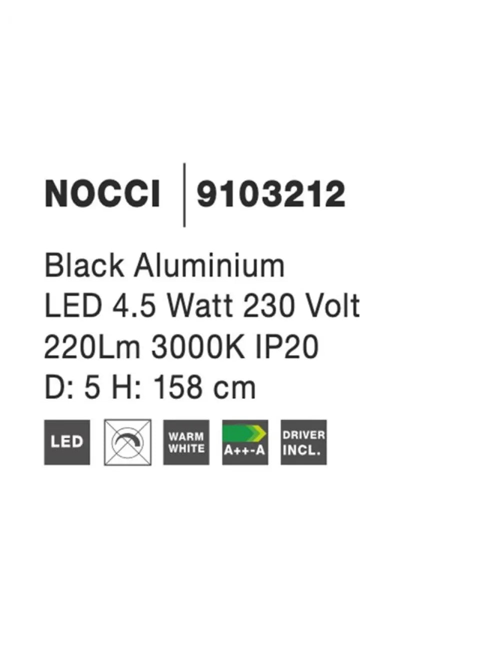 Pendul structura din Aluminiu Negru si abajur din Aluminiu Negru H158xL5cm IP20 4W 290lm 3000k NOCCI