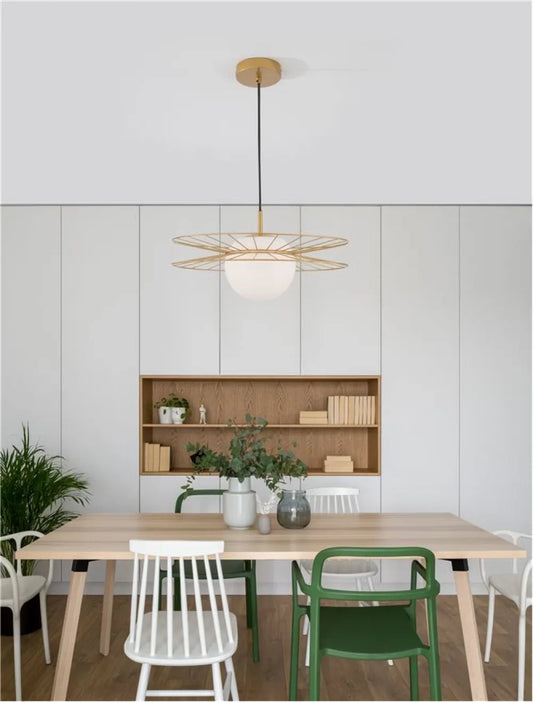 Pendul structura din Metal Auriu si abajur din Sticla Alb H150xL45cm IP20 ELLERY