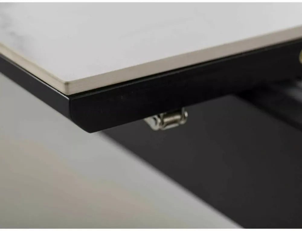 Masa Extensibila de 10 persoane din Ceramica+MDF Alb mat cu efect de marmura si Metal Negru mat L160-200xH75cm Logan