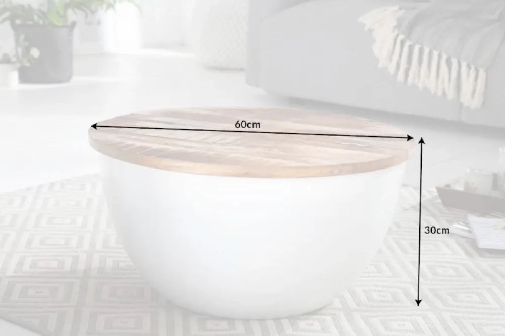 Masuta de cafea Rotunda din Lemn masiv de sheesham Maro si Metal Alb D60xH30cm Industrial Storage
