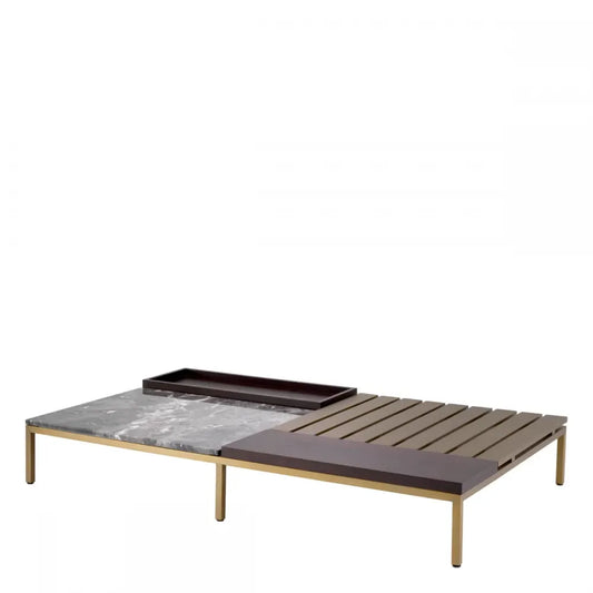 Masuta de cafea Dreptunghiulara din Otel inoxidabil Alama si Marmura/Furnir de stejar Gri/Maro L169.5xl99.5cm Forma Eichholtz