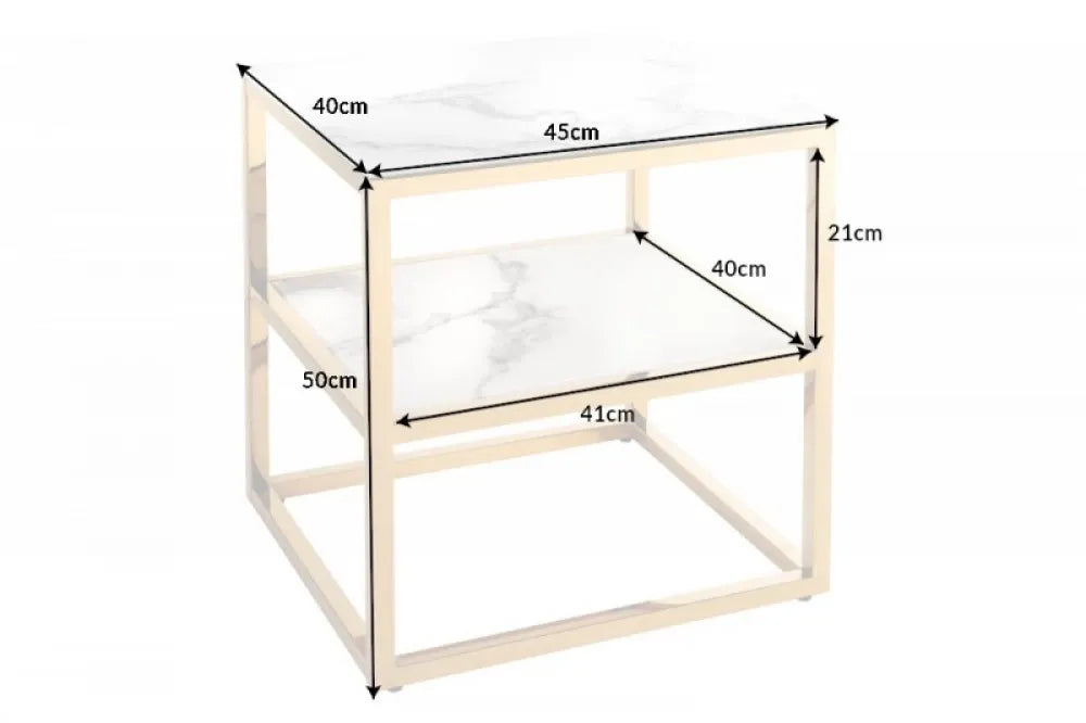 Masuta laterala Dreptunghiulara din Sticla securizata Alb cu efect de marmura si Metal Auriu L45xH50cm Elegance