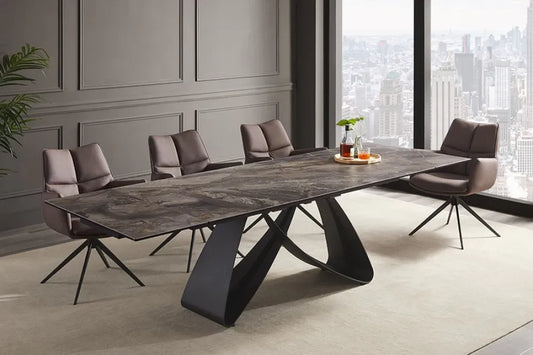 Masa din Sticla securizata/Ceramica Maro taupe si Metal Negru L180-220-260xH76cm Infinity