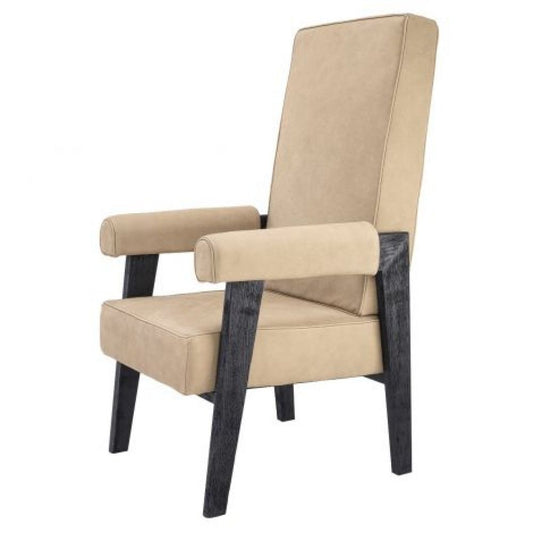 Fotoliu din Piele Bej cu baza din Lemn masiv de stejar Negru H123xL70xA78cm Milo