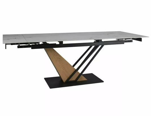 Masa Extensibila de 12 persoane din Ceramica Alb mat cu efect de marmura si Metal+MDF Negru/Maro L180-240xH75cm Genesis