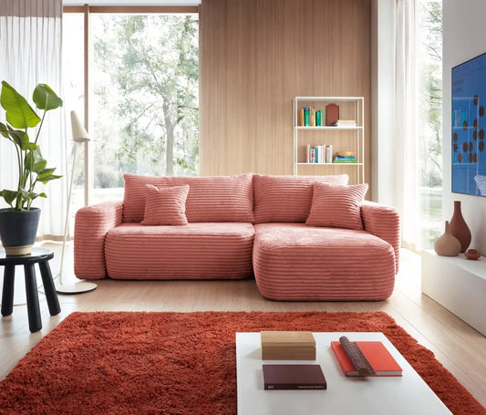 Coltar extensibil tapitat cu Corduroy Roz cu lada depozitare Billy