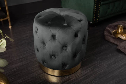 Taburet rotund tapitat cu Catifea Negru si baza metalica Aurie D37xH38cm Barock