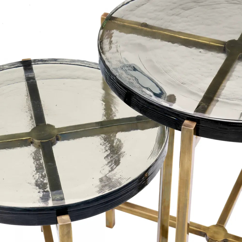 Set 2 masute laterale Rotunde din Otel inoxidabil Alama si Sticla Transparent D49.5/57xH50/60.5cm Haymann Eichholtz