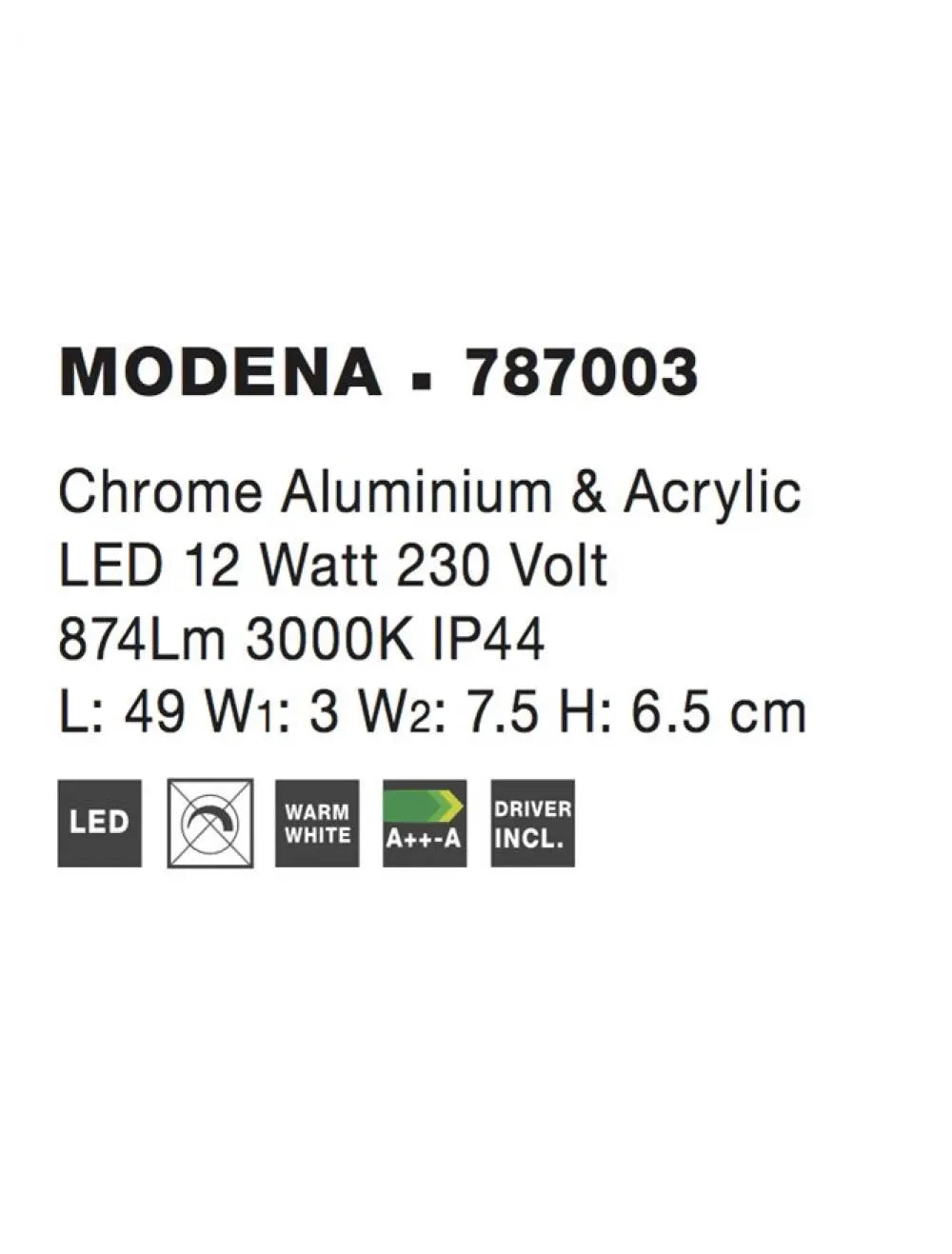 Aplica de perete structura din Aluminiu Argintiu si abajur din Acrilic Alb H6.5xL49cm IP44 12W 874lm 3000k MODENA