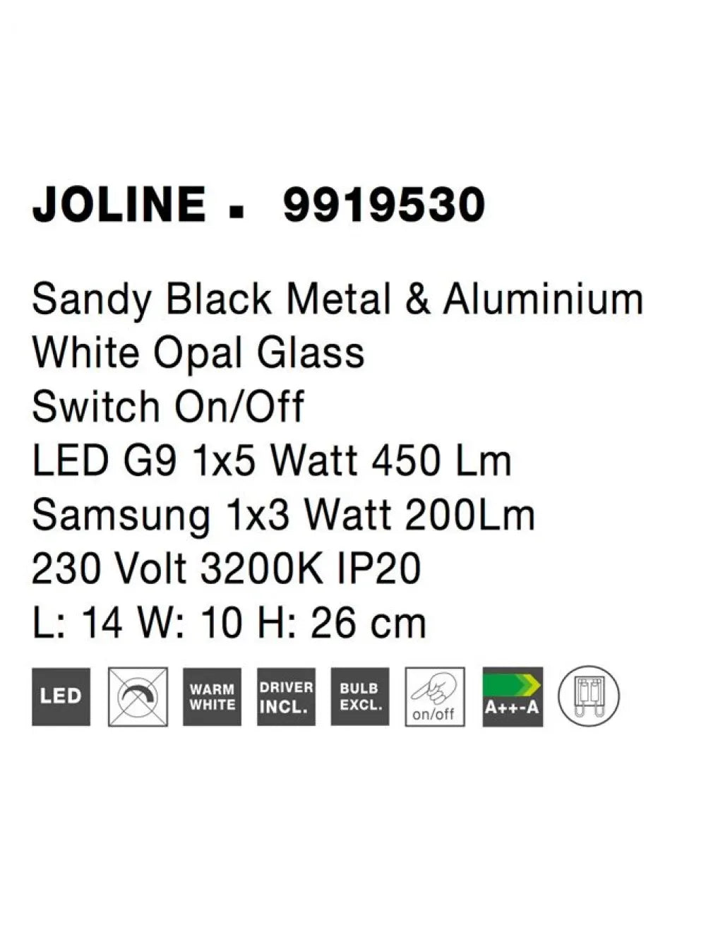 Aplica de perete structura din Metal Negru si abajur din Sticla Alb H26xL14cm IP20 8W 650lm 3200k JOLINE