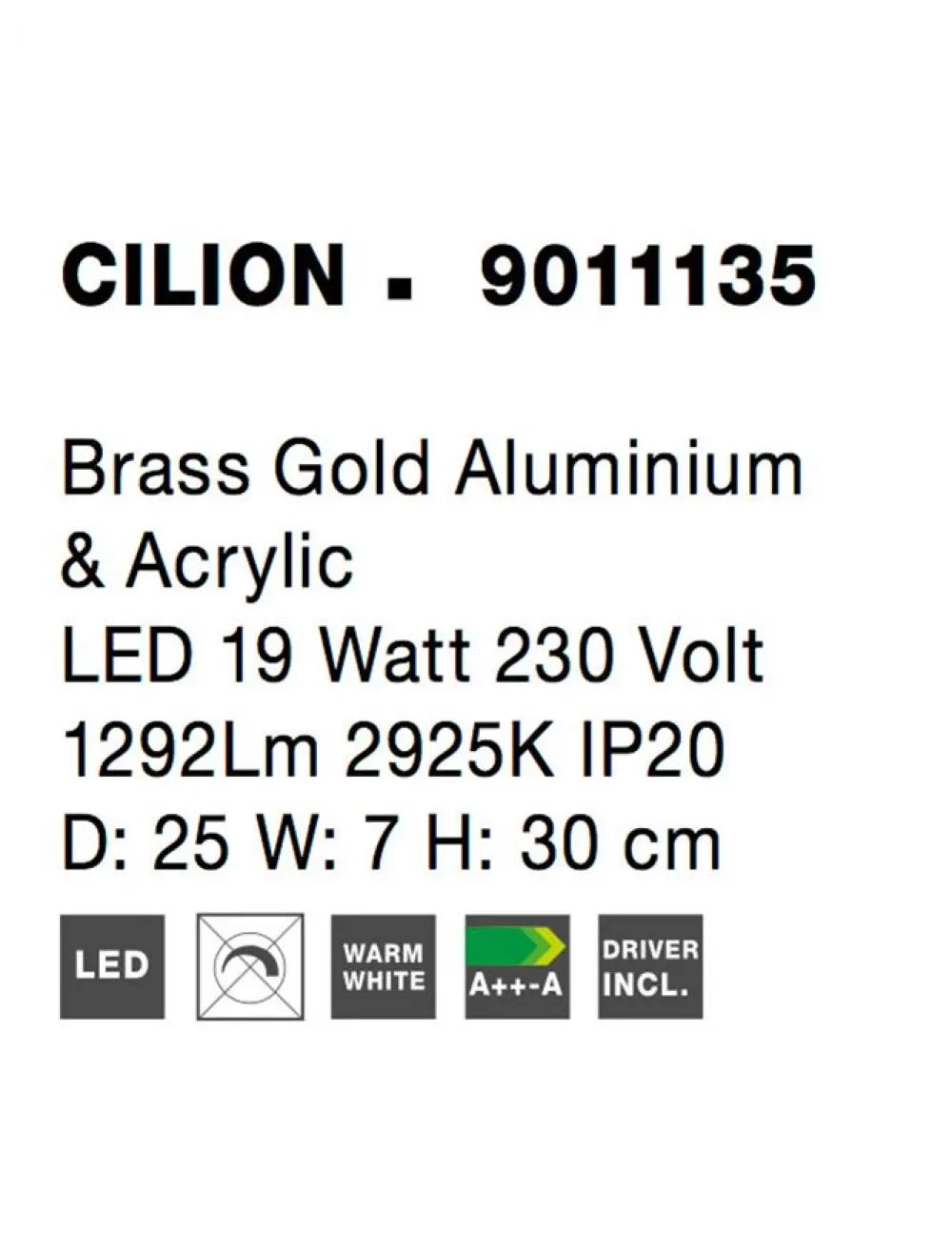 Aplica de perete structura din Aluminiu Auriu si abajur din Acrilic Transparent H30xL25cm IP20 19W 1292lm 3000k CILION