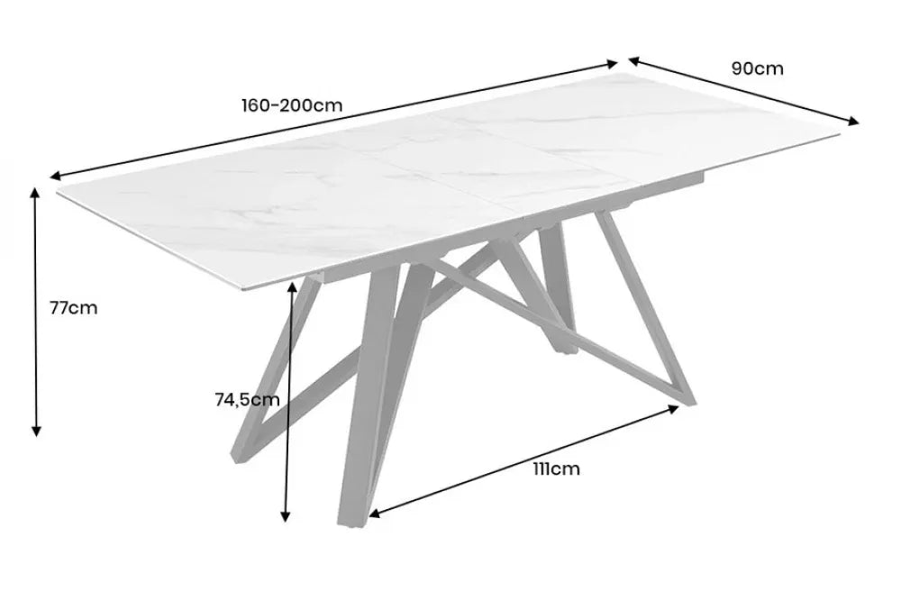 Masa din Sticla securizata/Ceramica Alb cu efect de marmura si Metal Negru L160-200xH77cm Atlas