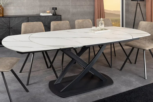 Masa extensibila din Ceramica Alb cu efect de marmura si Metal Negru L130-190xH75cm Inception