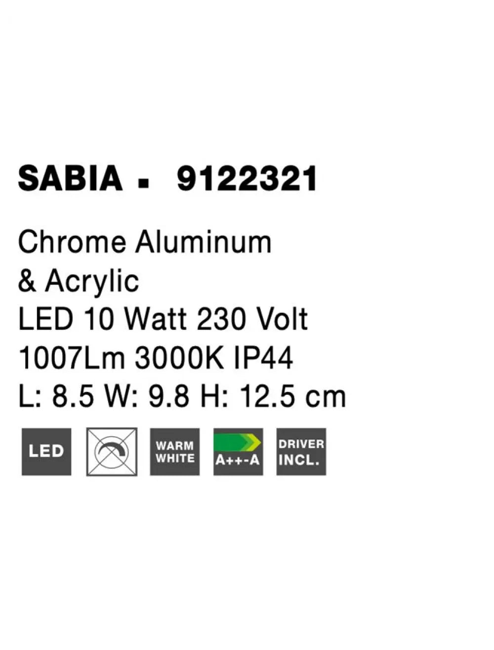 Aplica de perete structura din Aluminiu Argintiu si abajur din Acrilic Alb H7.5xL8.5cm IP44 10W 1026lm 3000k SABIA