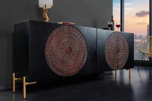 Comoda din Lemn de mango Negru/Maro si Metal Auriu L160xH76cm MANDALA