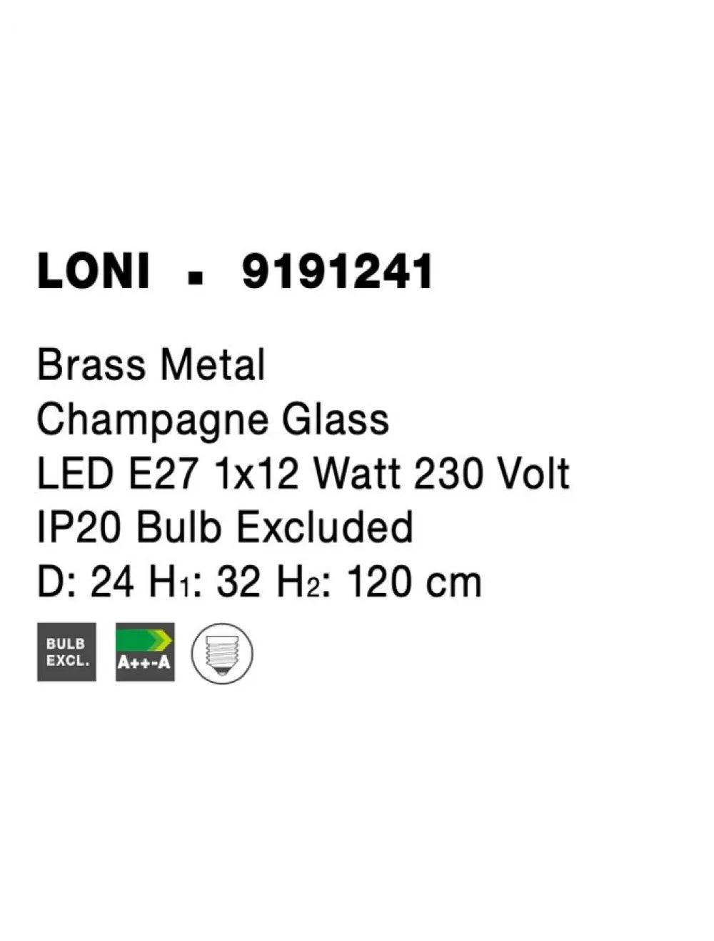 Pendul structura din Metal Alama si abajur din Sticla Auriu H120xL24cm IP20 LONI