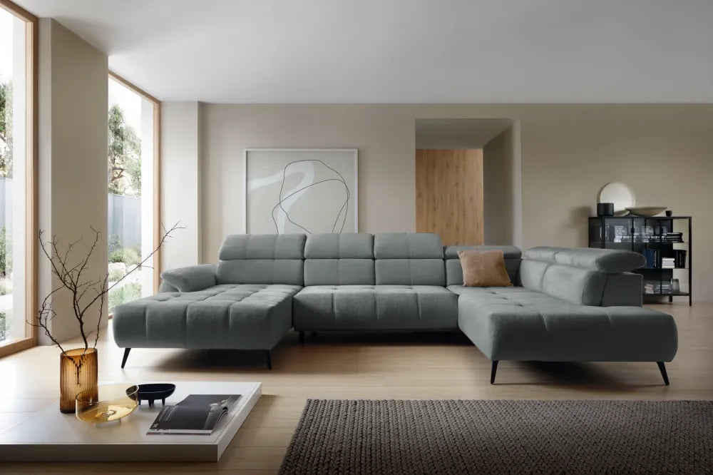 Coltar extensibil electric In forma de U tapitat cu Chenille Gri inchis cu lada depozitare Genova III