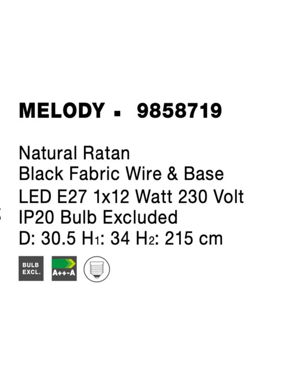 Pendul structura din Metal Negru si abajur din Ratan Bej H215xL30.5cm IP20 MELODY