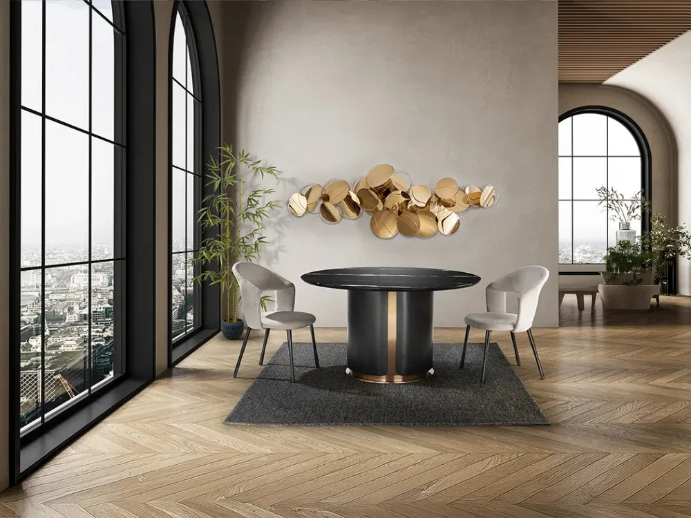 Masa rotunda din MDF/Funir de stejar/Otel inoxidabil Negru/Rosegold si blat din Marmura Negru D135xH75cm Zolo
