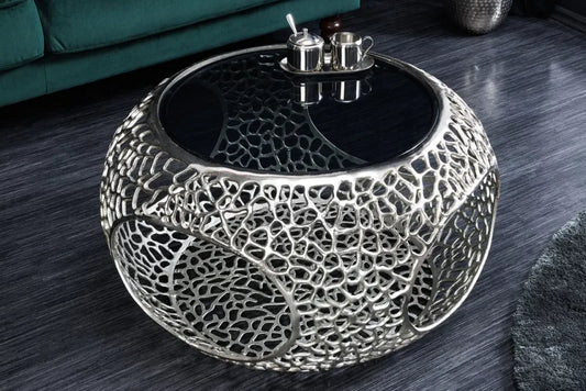 Masuta de cafea din Sticla securizata Negru si Metal Argintiu L74xH40cm Spin