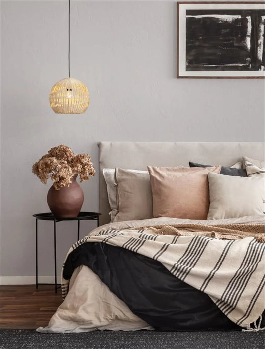 Pendul structura din Metal Negru si abajur din Ratan Bej H195xL30cm IP20 MARLO
