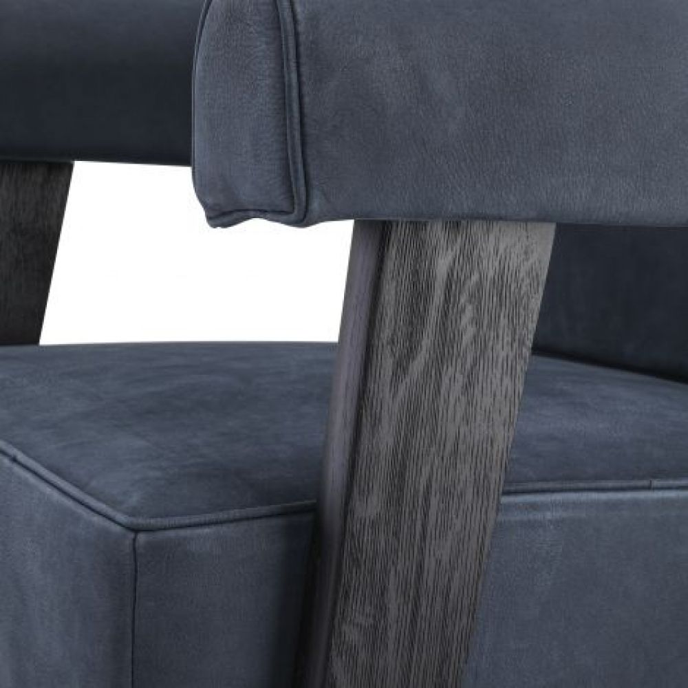 Fotoliu din Piele Albastru cu baza din Lemn masiv de stejar Negru H123xL70xA78cm Milo