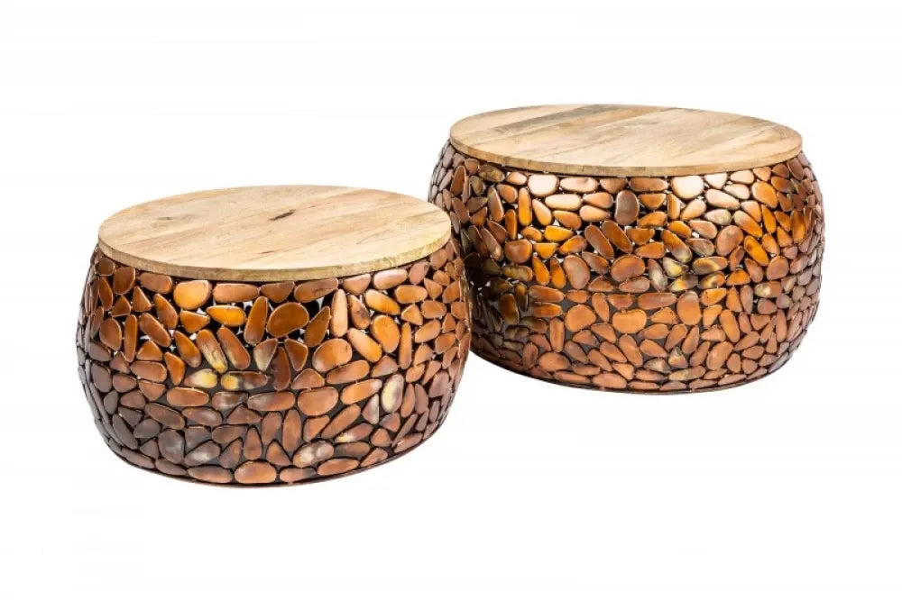Set 2 masute de cafea Rotunde din Lemn masiv de salcam Maro si Metal Cupru D54/66xH31.5/35cm Stone Mosaic