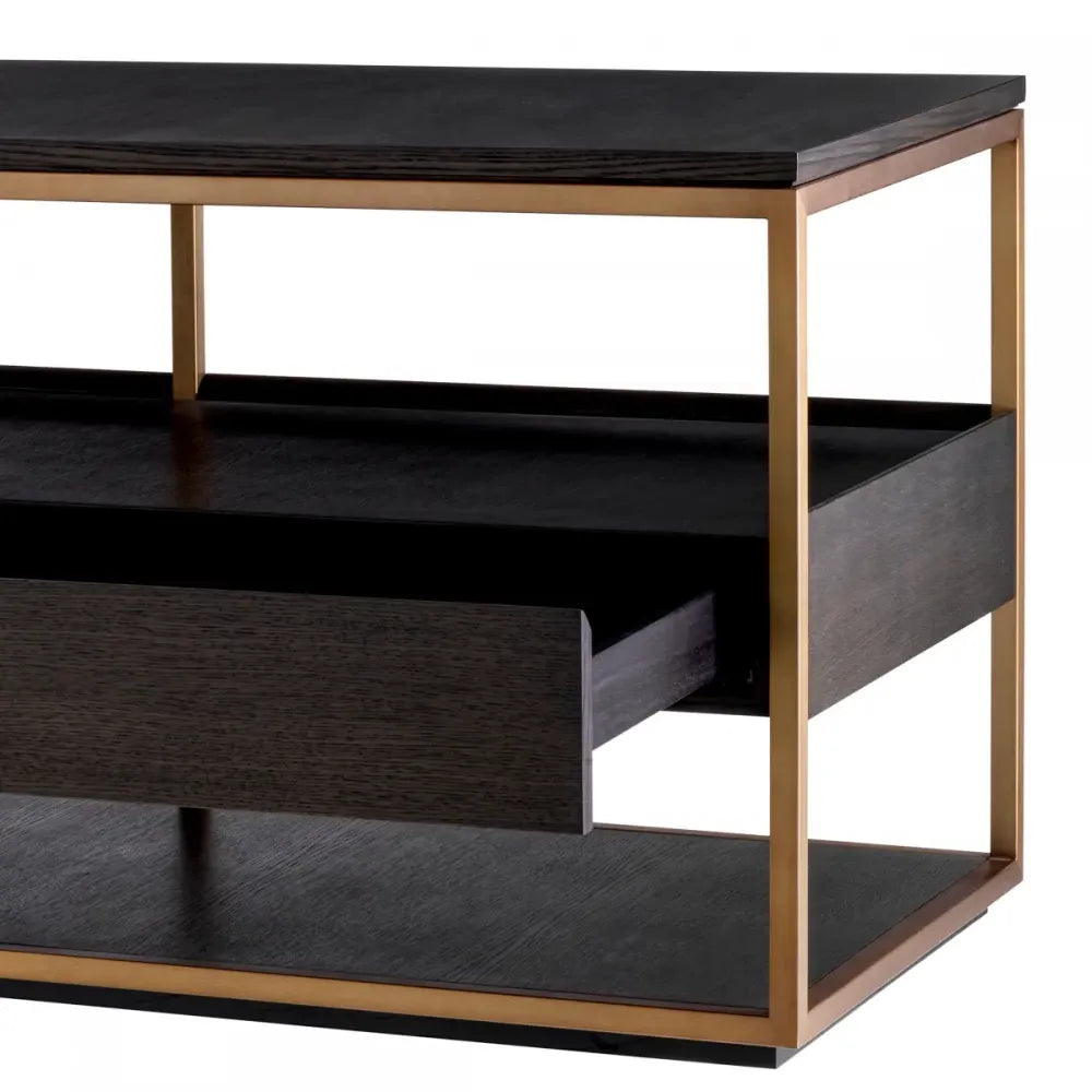Comoda TV din Furnir de stejar Maro Mocha si Metal Alama L220xH61cm Parker L Eichholtz
