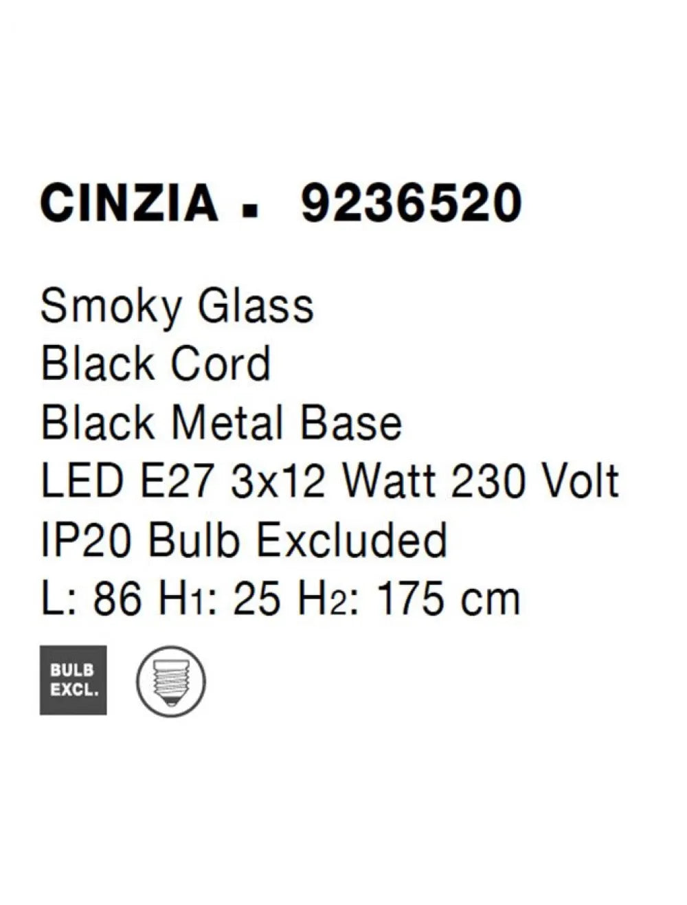Lustra structura din Metal Negru si abajur din Sticla Fumuriu H175xL86cm IP20 CINZIA