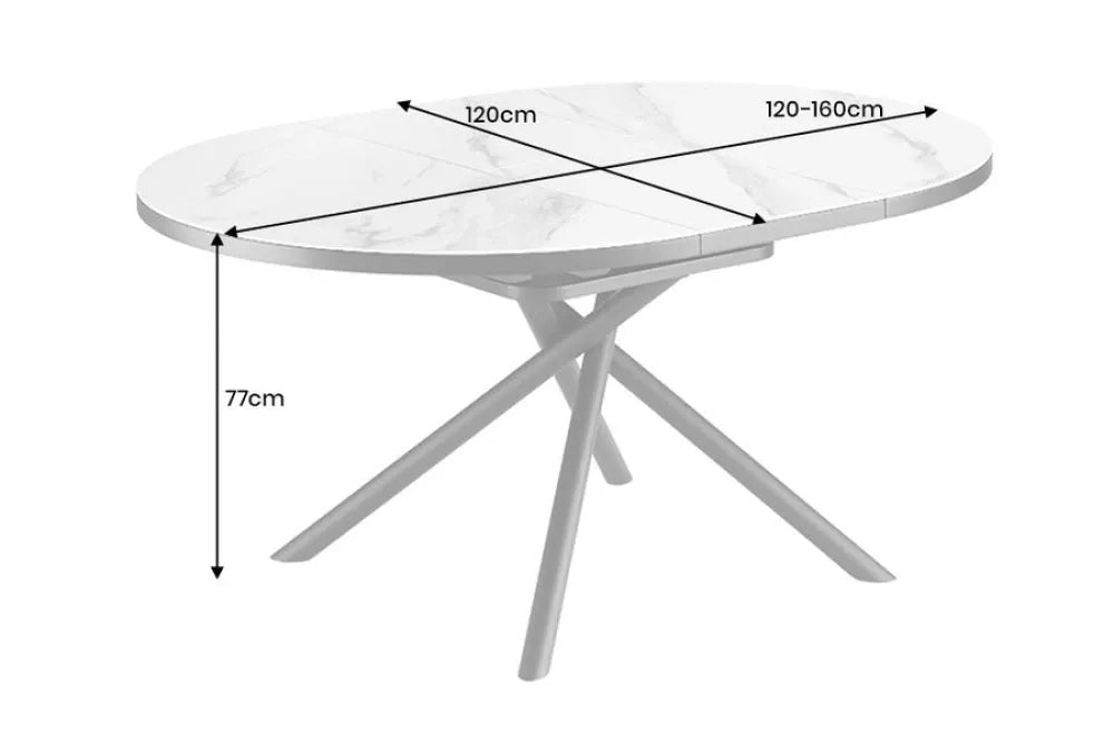 Masa din Sticla securizata/Ceramica Alb cu efect de marmura si Metal Negru L120-160xH77cm Mikado