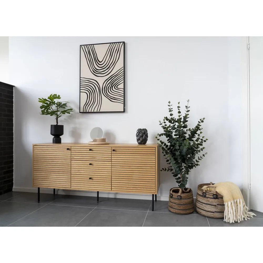 Comoda 3 setare 2 usi din Furnir de stejar/MDF Maro si Metal Negru L150xH74cm Kyoto